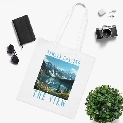 Always Chasing The View Cotton Tote — Scenic Mountain Lake Oeschinese Travel Tote