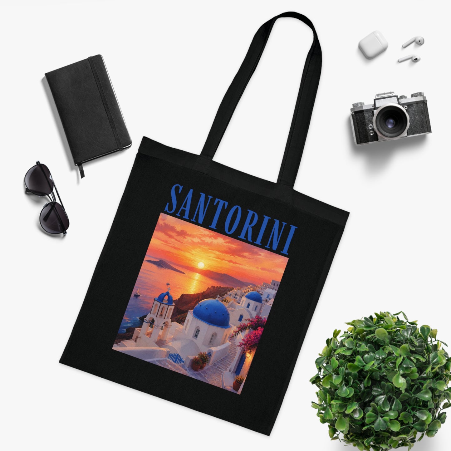 Santorini Sunset Cotton Tote Bag — Greek Island Travel Beach Tote