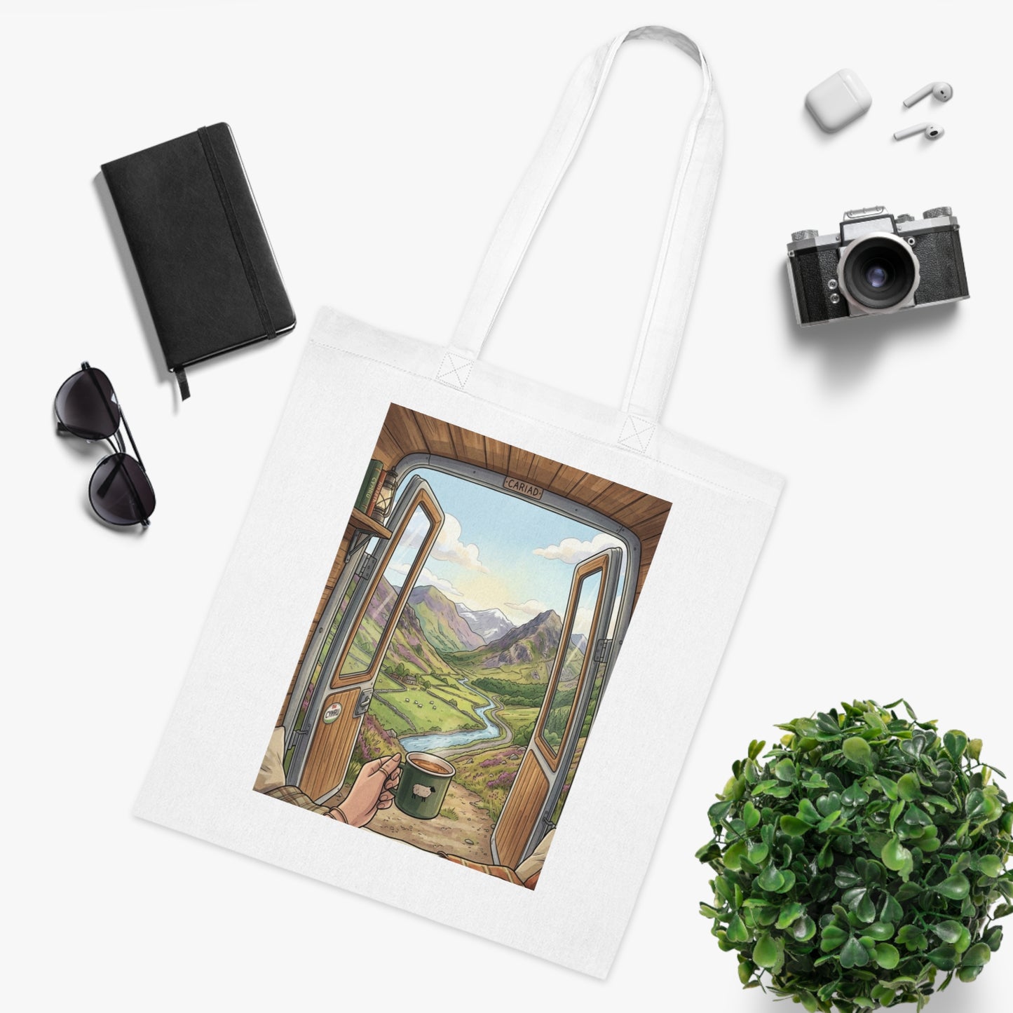 Scenic Van View Cotton Tote — 'Morning Brew' Camper Door Landscape Tote