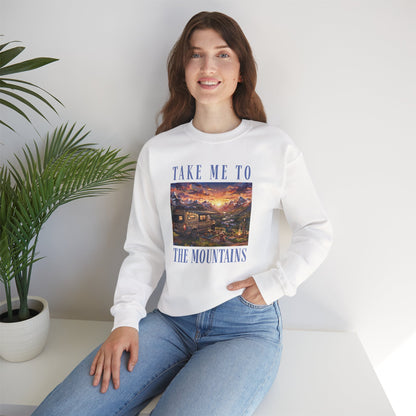 Take Me To The Mountains Sunset Crewneck Sweatshirt — Scenic Cabin Mountain Graphic