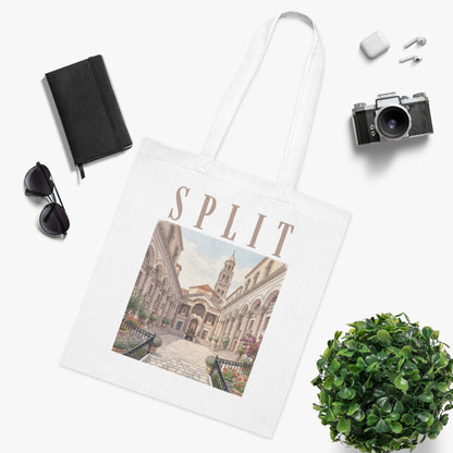 Split Travel Tote Bag – Vintage European Cityscape Cotton Shopper