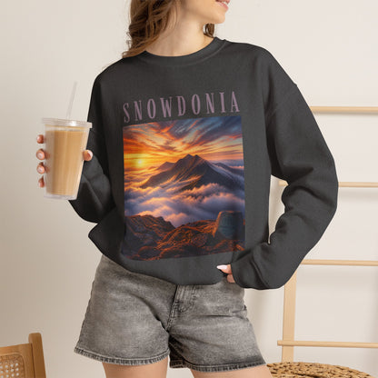 Snowdonia Sunset Crewneck Sweatshirt — Scenic Mountain Graphic
