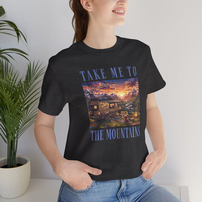 Take Me to the Mountains Sunset Tee — Scenic Cabin Sunset Graphic T-Shirt