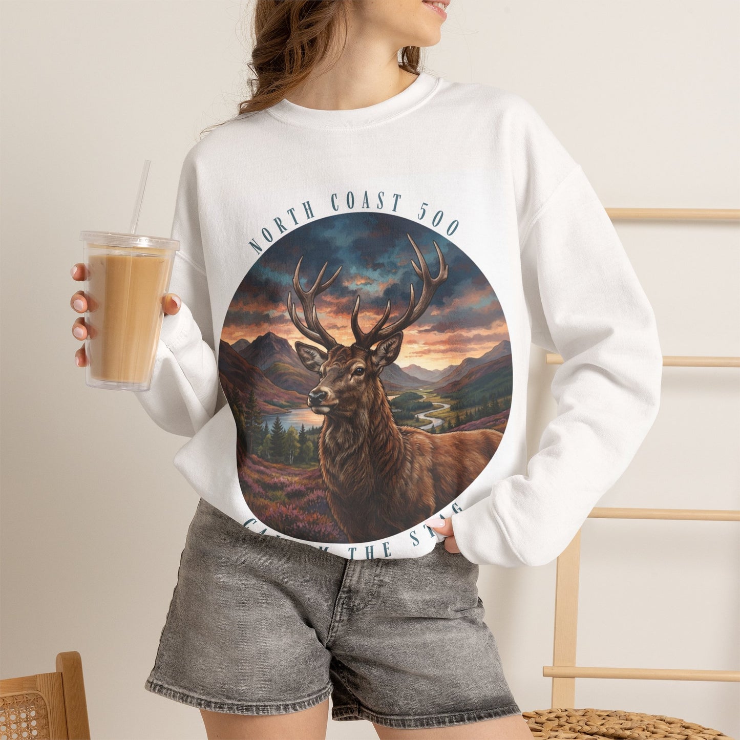 Crewneck Sweatshirt — 'Callum the Stag' North Coast 500 Scenic Deer Graphic