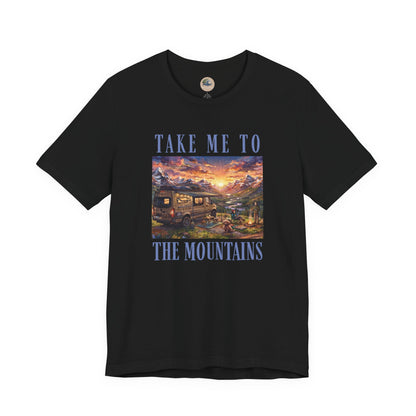 Take Me to the Mountains Sunset Tee — Scenic Cabin Sunset Graphic T-Shirt