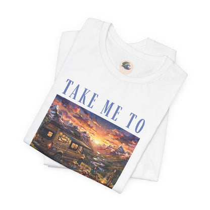 Take Me to the Mountains Sunset Tee — Scenic Cabin Sunset Graphic T-Shirt