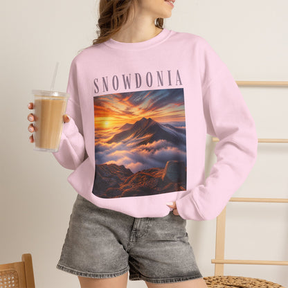 Snowdonia Sunset Crewneck Sweatshirt — Scenic Mountain Graphic