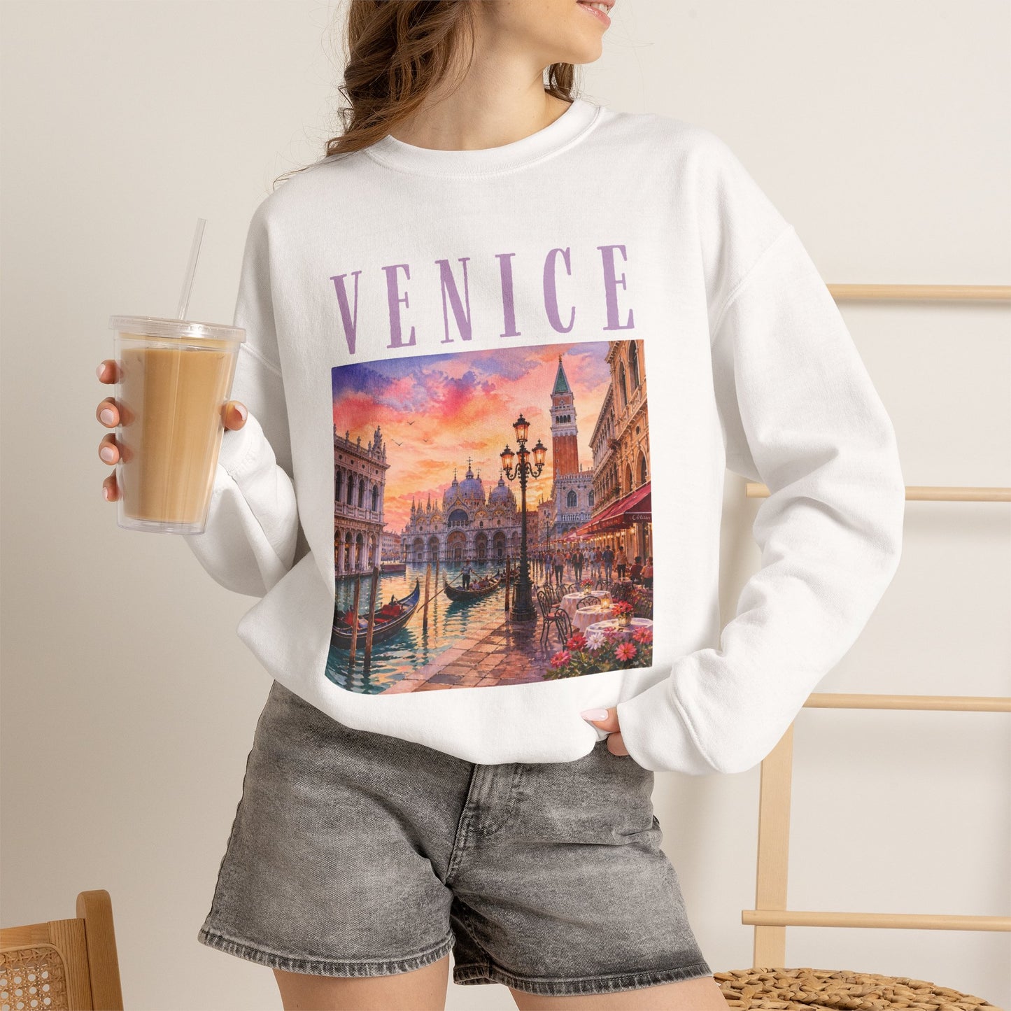 Venice Sunset Crewneck Sweatshirt — Vintage Canal Travel Graphic
