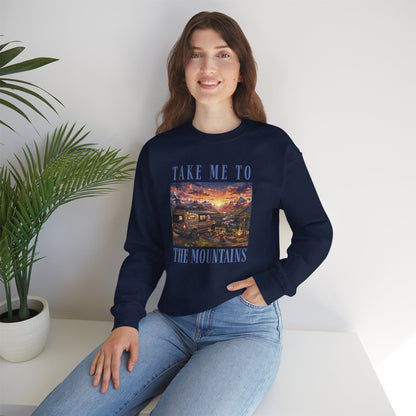 Take Me To The Mountains Sunset Crewneck Sweatshirt — Scenic Cabin Mountain Graphic
