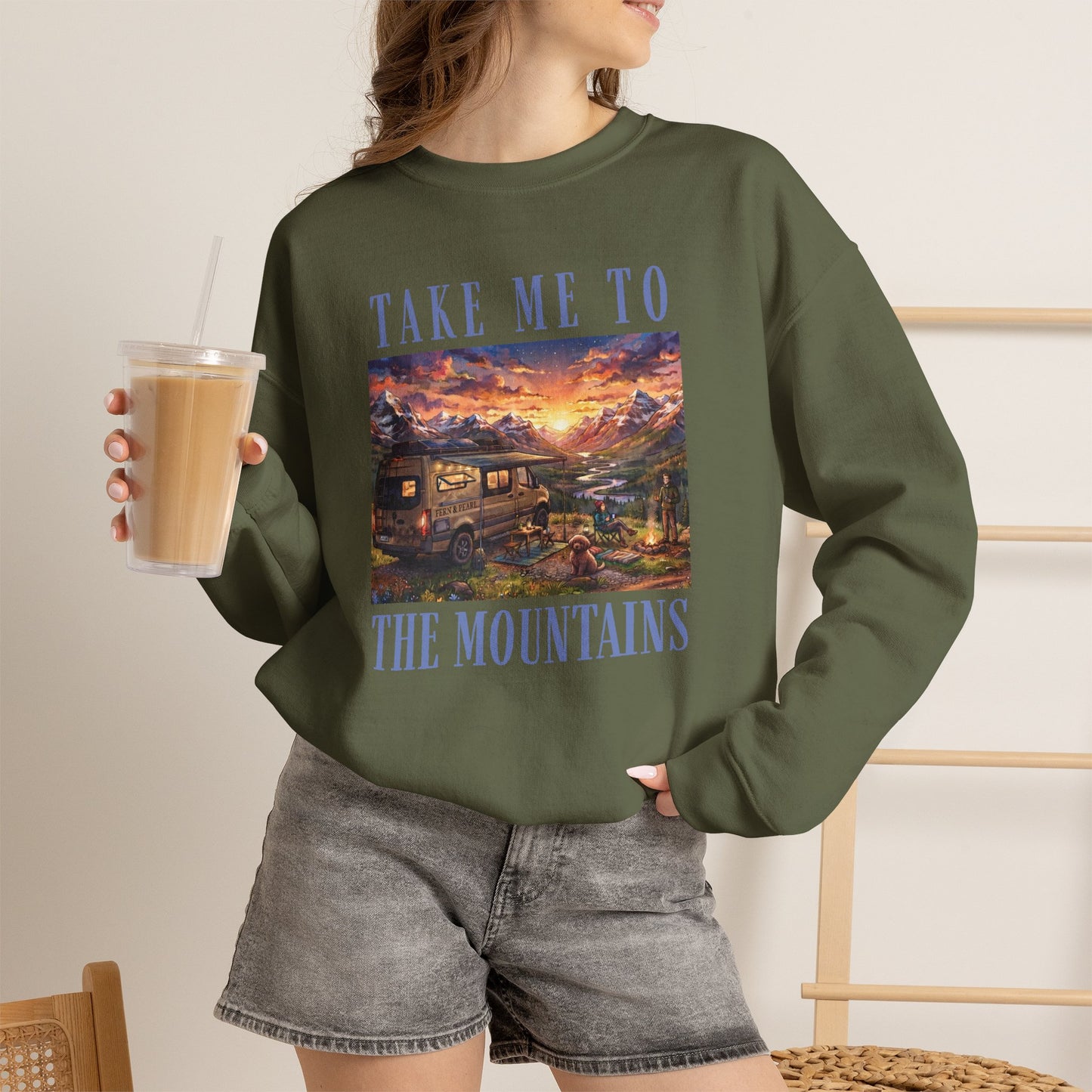 Take Me To The Mountains Sunset Crewneck Sweatshirt — Scenic Cabin Mountain Graphic