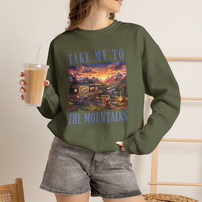 Take Me To The Mountains Sunset Crewneck Sweatshirt — Scenic Cabin Mountain Graphic