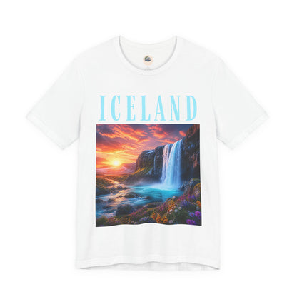 Iceland Waterfall Tee — Scenic Sunset Landscape T‑Shirt