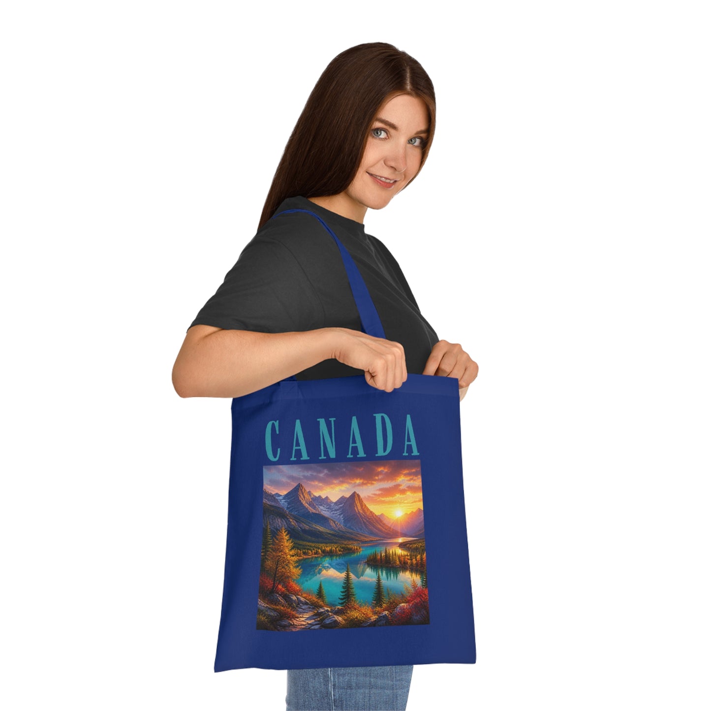 Canada Scenic Tote Bag — Mountain Lake Sunset Cotton Tote for Travel, Souvenir & Gift