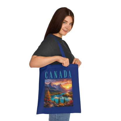 Canada Scenic Tote Bag — Mountain Lake Sunset Cotton Tote for Travel, Souvenir & Gift