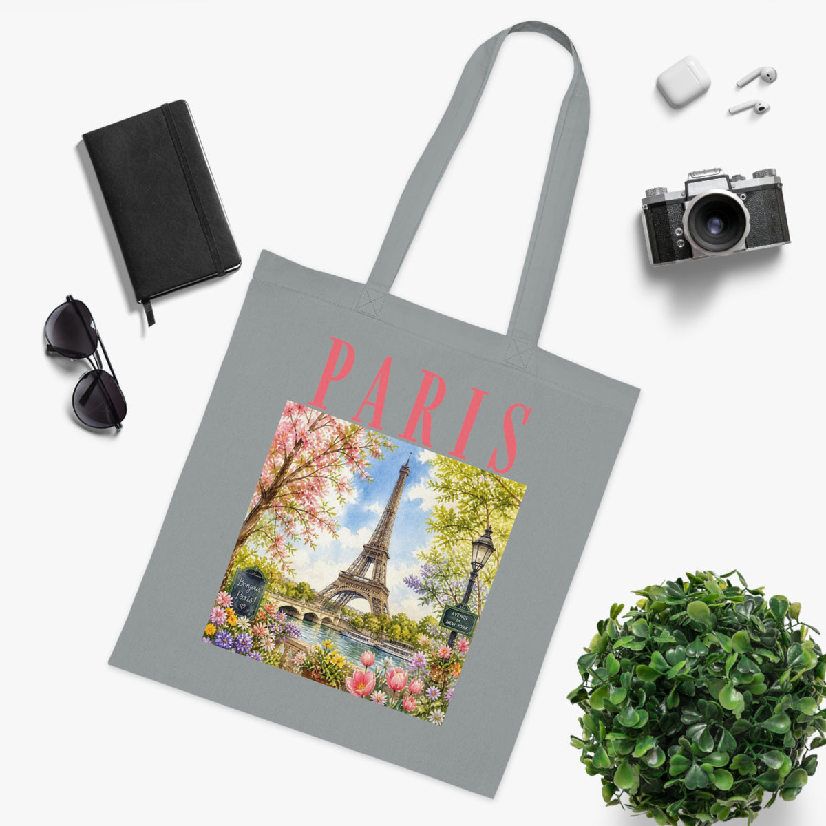 Paris Floral Tote Bag — Eiffel Tower Springtime Canvas Cotton Tote