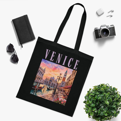 Venice Cotton Tote Bag - Vintage Sunset Canal Travel Tote