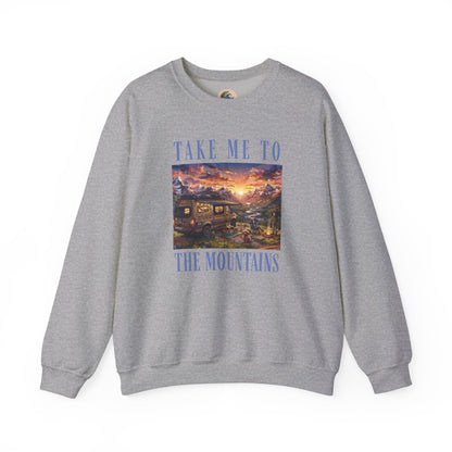 Take Me To The Mountains Sunset Crewneck Sweatshirt — Scenic Cabin Mountain Graphic
