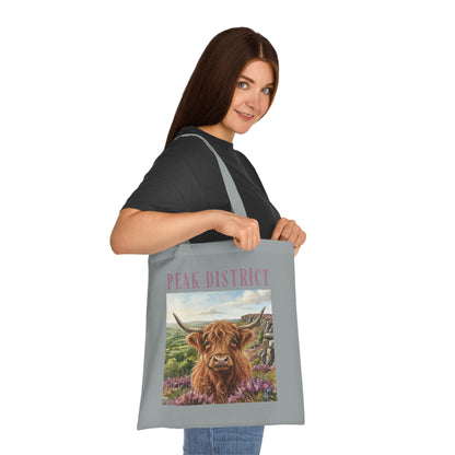 Peak District Highland Cow Tote Bag – Scenic Cotton Shopper with 'Peak District' Text