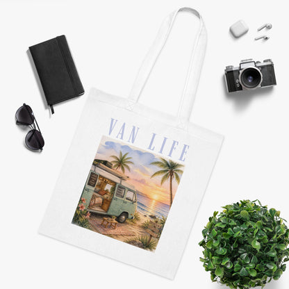 Van Life Beach Tote — Retro Camper Sunset Cotton Tote Bag