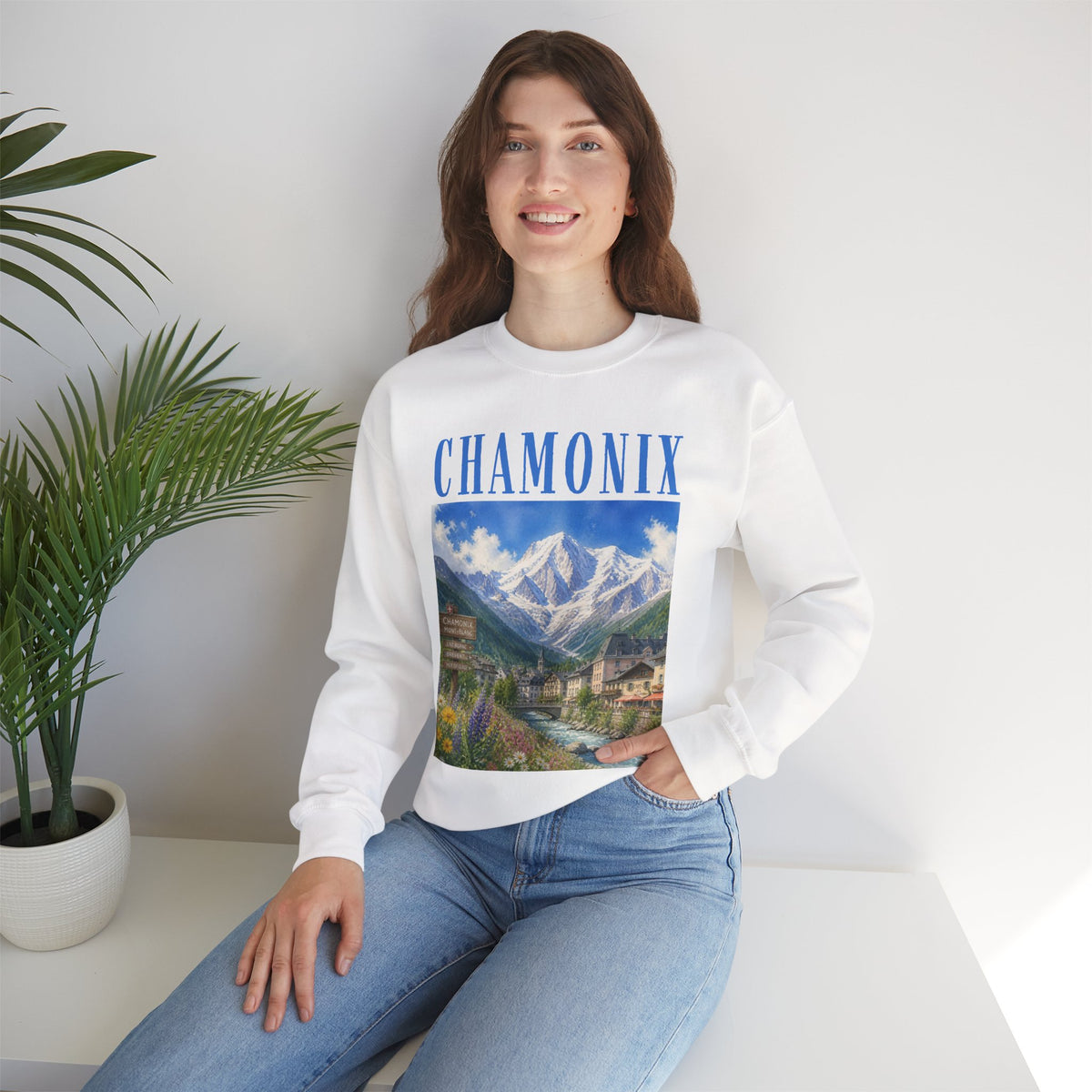 Chamonix Mountain Crewneck Sweatshirt — Alpine Scenic Graphic