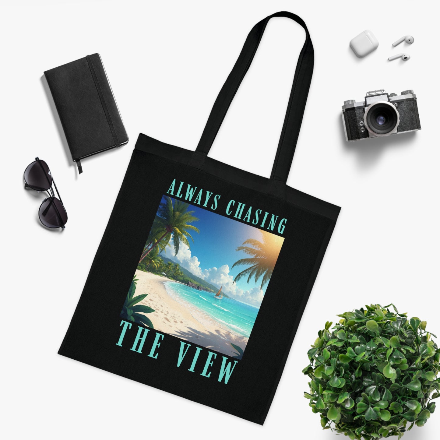 Railay Beach Tote Bag – "Always Chasing the View" Tropical Cotton Tote