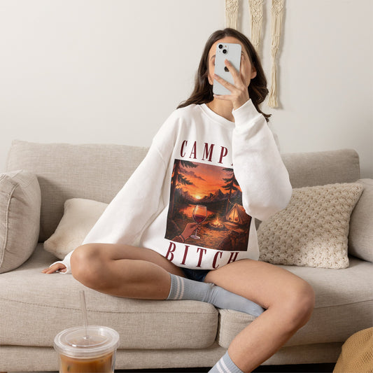 Camping Bitch Crewneck Sweatshirt — Vintage Campsite Graphic & Wine Glass
