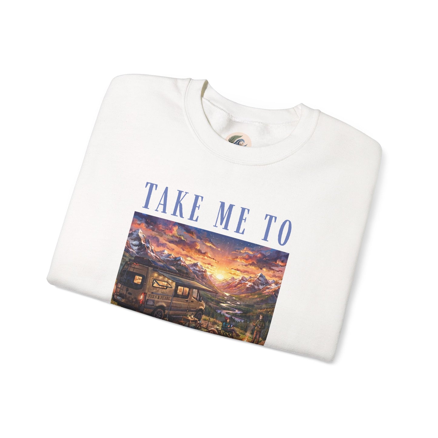 Take Me To The Mountains Sunset Crewneck Sweatshirt — Scenic Cabin Mountain Graphic