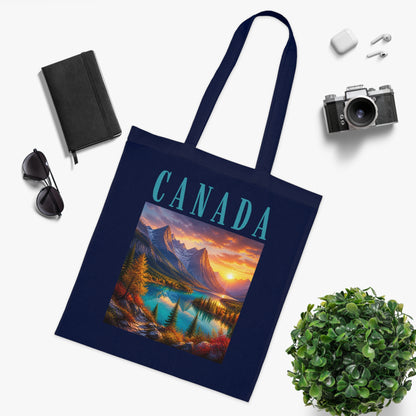 Canada Scenic Tote Bag — Mountain Lake Sunset Cotton Tote for Travel, Souvenir & Gift