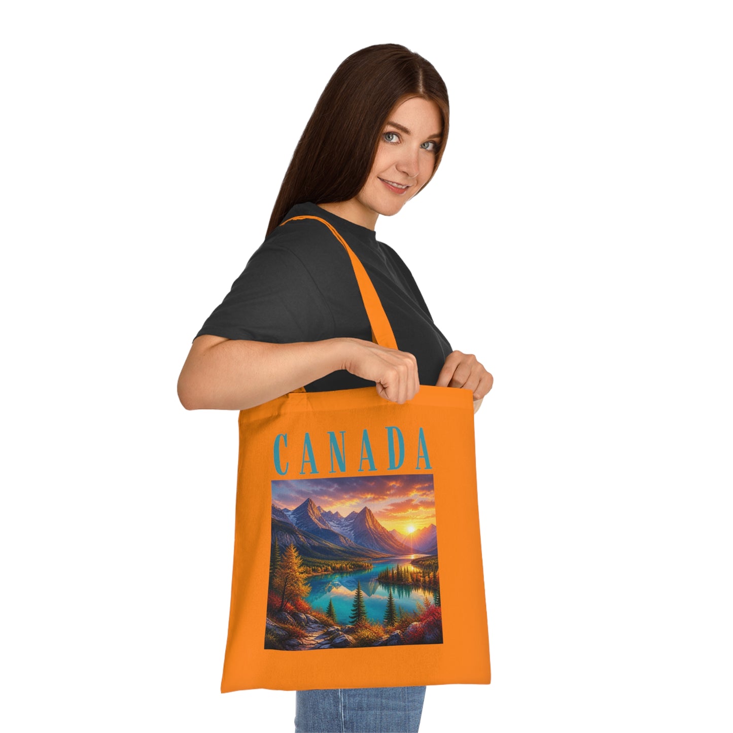 Canada Scenic Tote Bag — Mountain Lake Sunset Cotton Tote for Travel, Souvenir & Gift