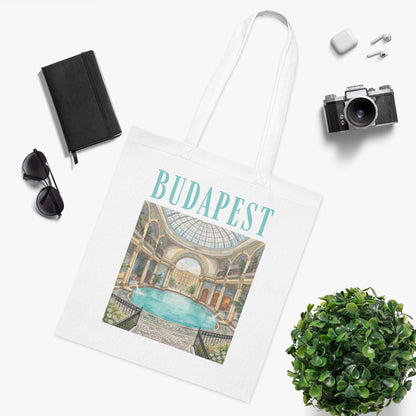 Budapest Thermal Bath Cotton Tote — Vintage Spa Illustration Travel Bag