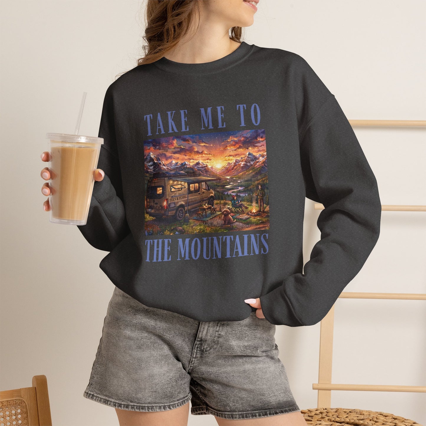 Take Me To The Mountains Sunset Crewneck Sweatshirt — Scenic Cabin Mountain Graphic