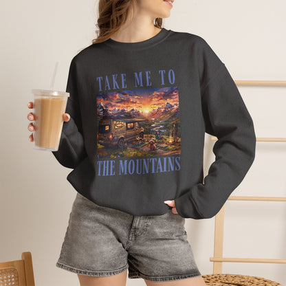 Take Me To The Mountains Sunset Crewneck Sweatshirt — Scenic Cabin Mountain Graphic