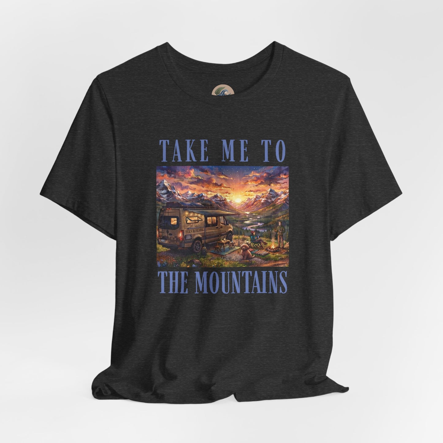 Take Me to the Mountains Sunset Tee — Scenic Cabin Sunset Graphic T-Shirt