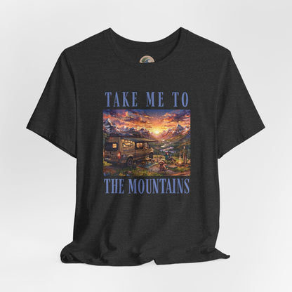 Take Me to the Mountains Sunset Tee — Scenic Cabin Sunset Graphic T-Shirt