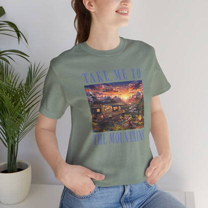 Take Me to the Mountains Sunset Tee — Scenic Cabin Sunset Graphic T-Shirt
