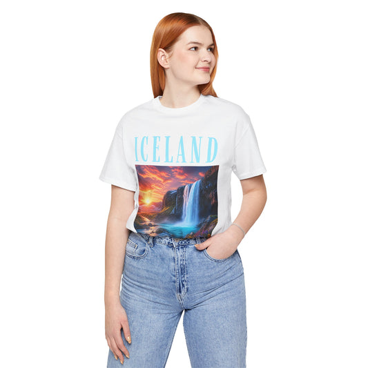 Iceland Waterfall Tee — Scenic Sunset Landscape T‑Shirt