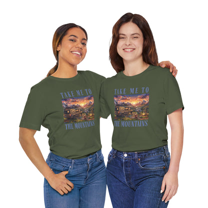 Take Me to the Mountains Sunset Tee — Scenic Cabin Sunset Graphic T-Shirt