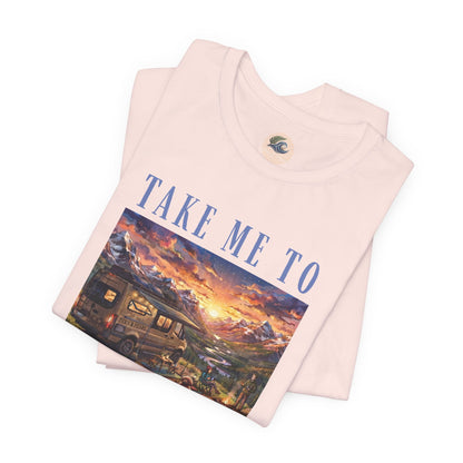 Take Me to the Mountains Sunset Tee — Scenic Cabin Sunset Graphic T-Shirt