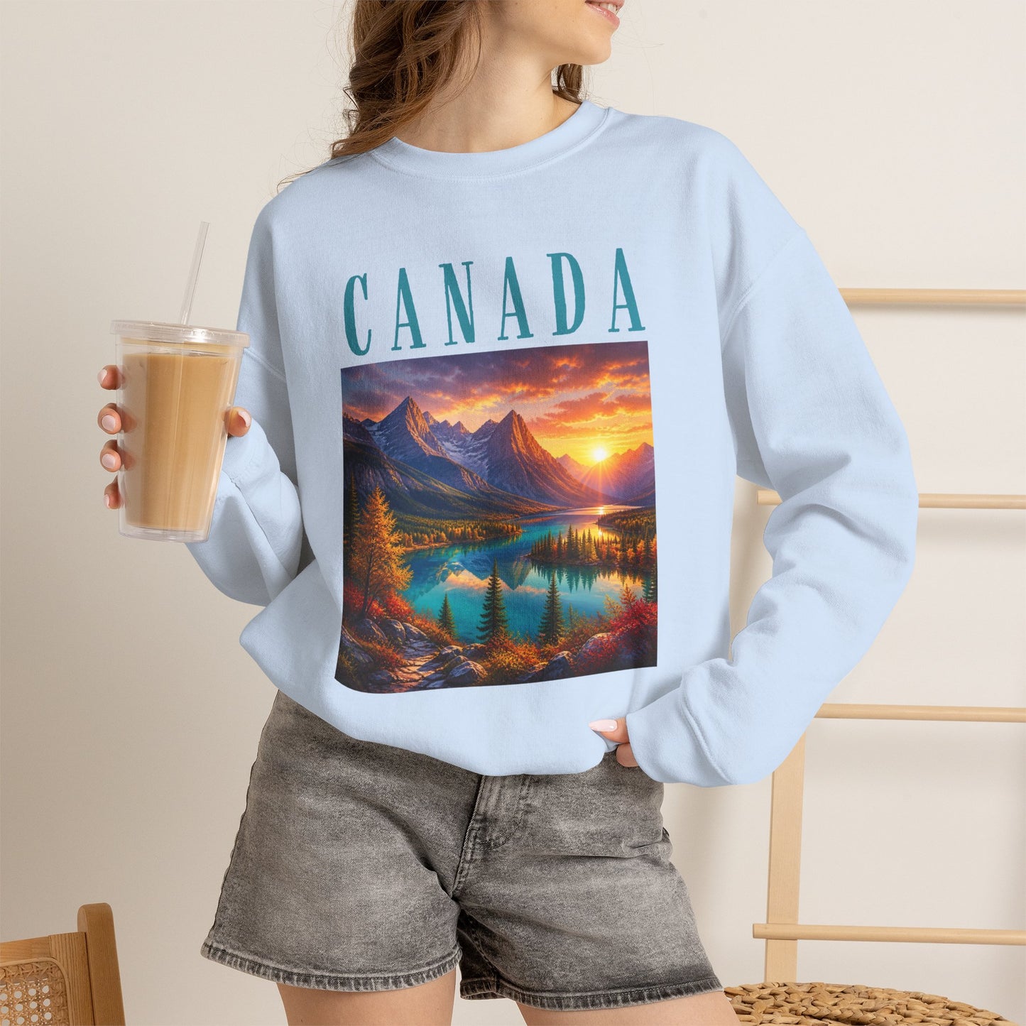 Canada Banff Scenic Crewneck Sweatshirt — Mountain Lake Sunset Graphic