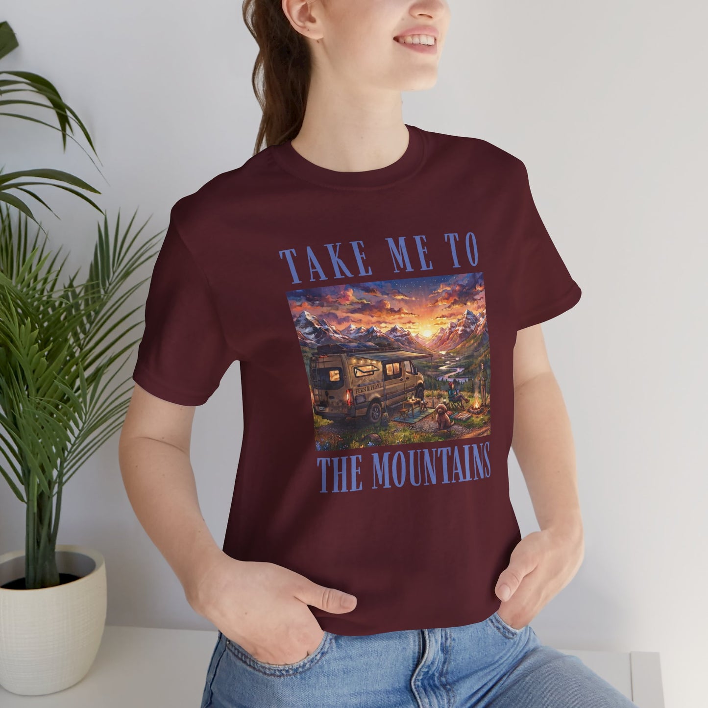 Take Me to the Mountains Sunset Tee — Scenic Cabin Sunset Graphic T-Shirt