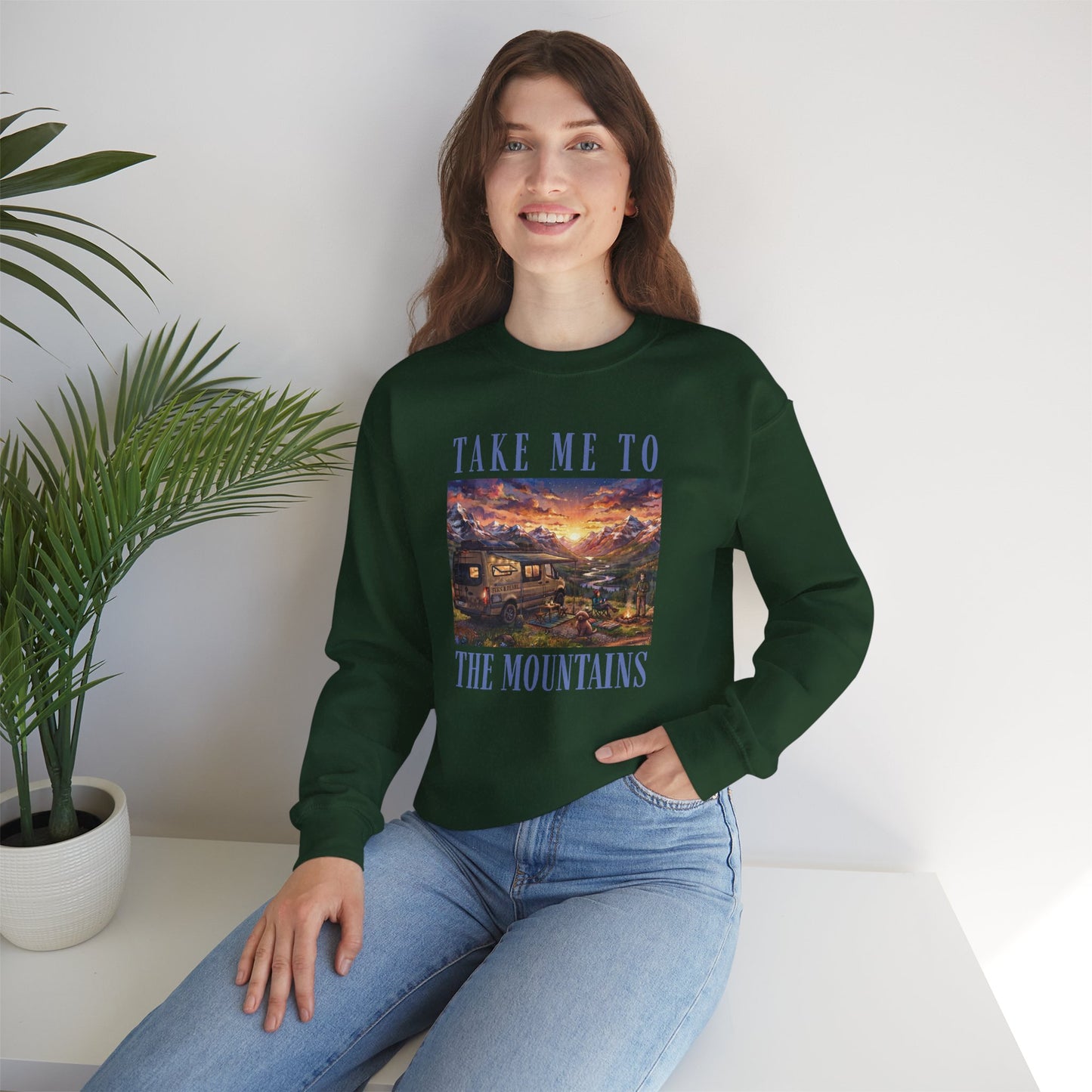 Take Me To The Mountains Sunset Crewneck Sweatshirt — Scenic Cabin Mountain Graphic