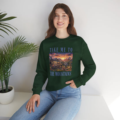 Take Me To The Mountains Sunset Crewneck Sweatshirt — Scenic Cabin Mountain Graphic