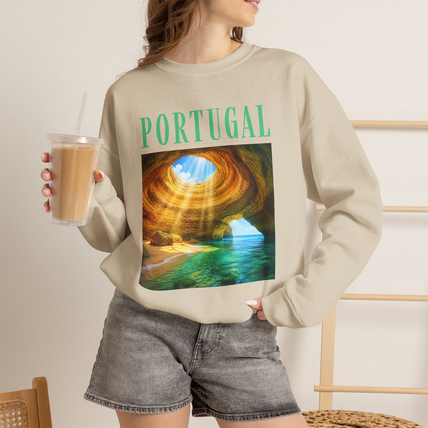 Portugal Benagil Cave Crewneck Sweatshirt — Coastal Travel Graphic Pullover