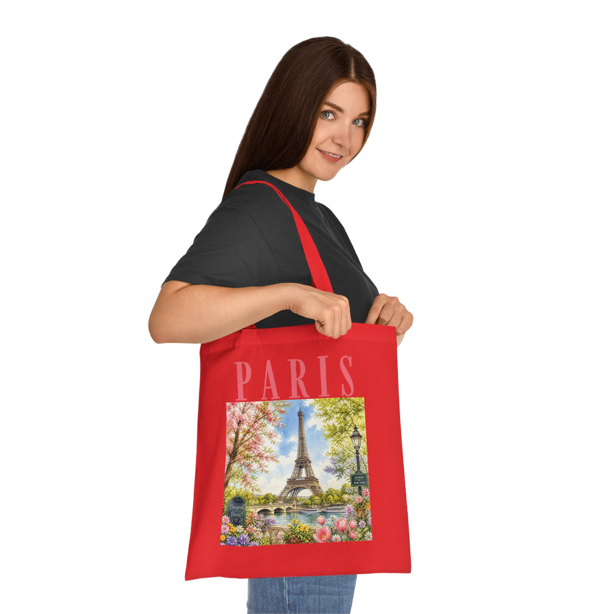 Paris Floral Tote Bag — Eiffel Tower Springtime Canvas Cotton Tote