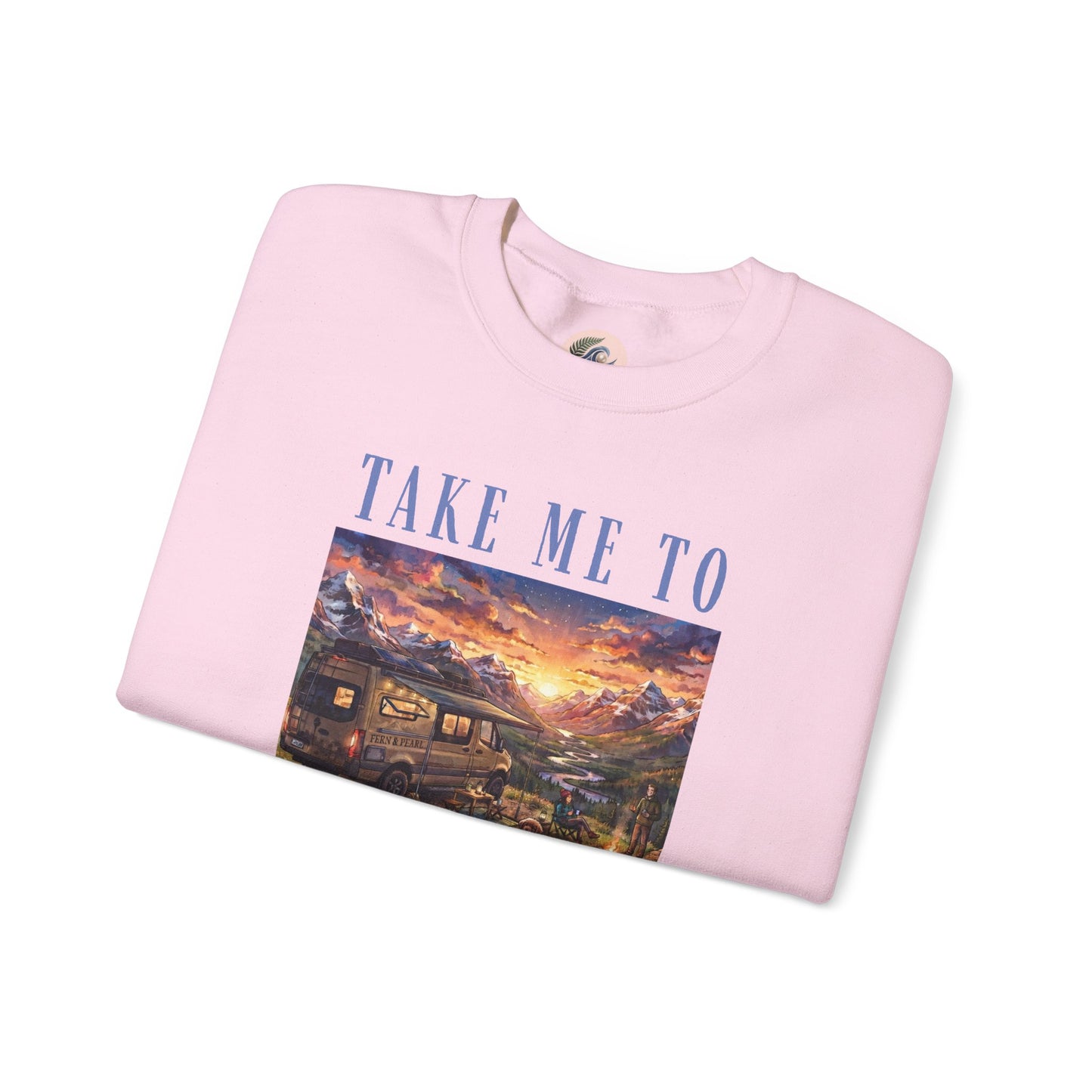 Take Me To The Mountains Sunset Crewneck Sweatshirt — Scenic Cabin Mountain Graphic