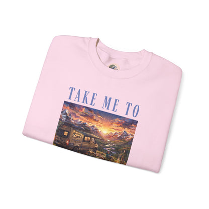 Take Me To The Mountains Sunset Crewneck Sweatshirt — Scenic Cabin Mountain Graphic