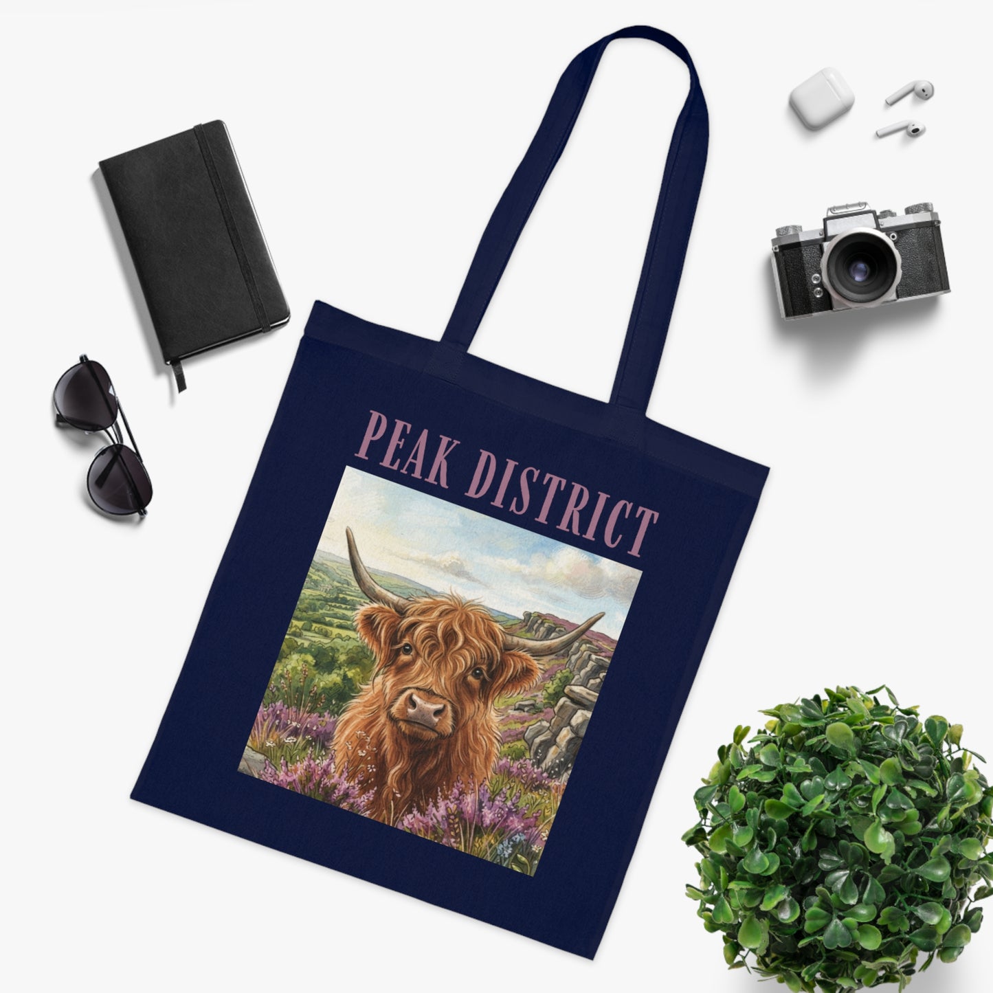 Peak District Highland Cow Tote Bag – Scenic Cotton Shopper with 'Peak District' Text