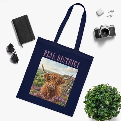 Peak District Highland Cow Tote Bag – Scenic Cotton Shopper with 'Peak District' Text