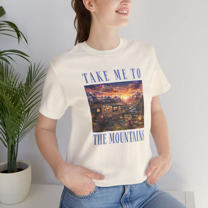 Take Me to the Mountains Sunset Tee — Scenic Cabin Sunset Graphic T-Shirt