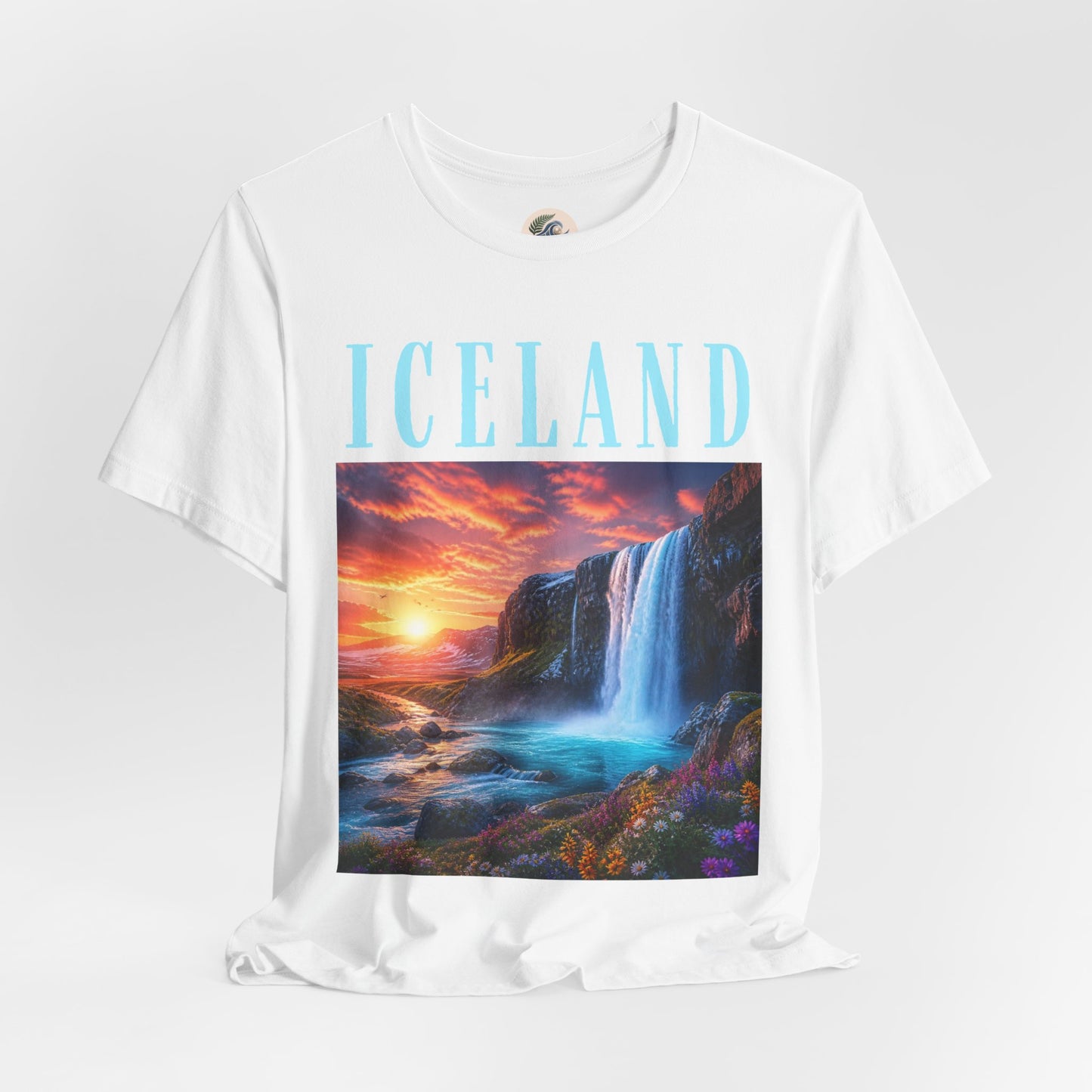 Iceland Waterfall Tee — Scenic Sunset Landscape T‑Shirt